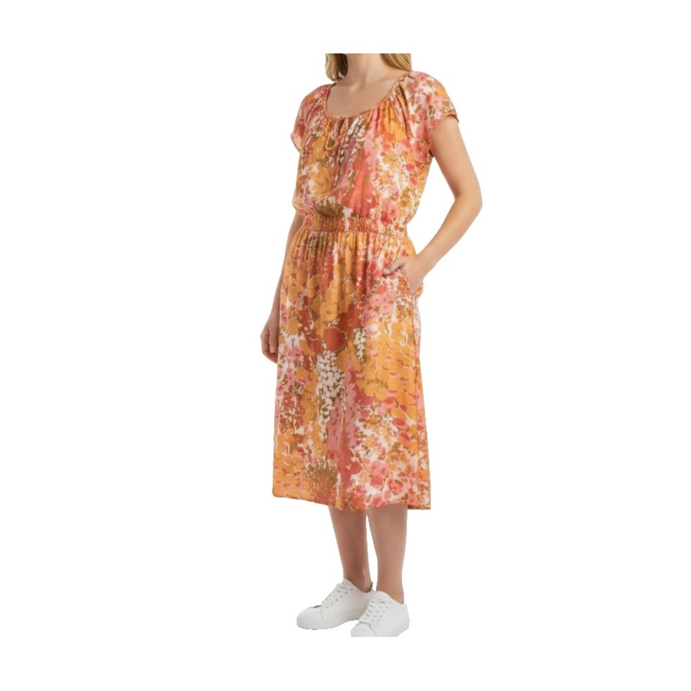 Talbots Silk Floral Dress Womens L Pink Orange Smocked Waist Flutter Sleeve NWT